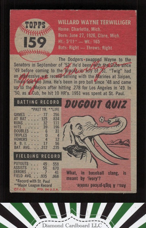 1953 Topps #159 Wayne Terwilliger : Bio uses white text VG d, back