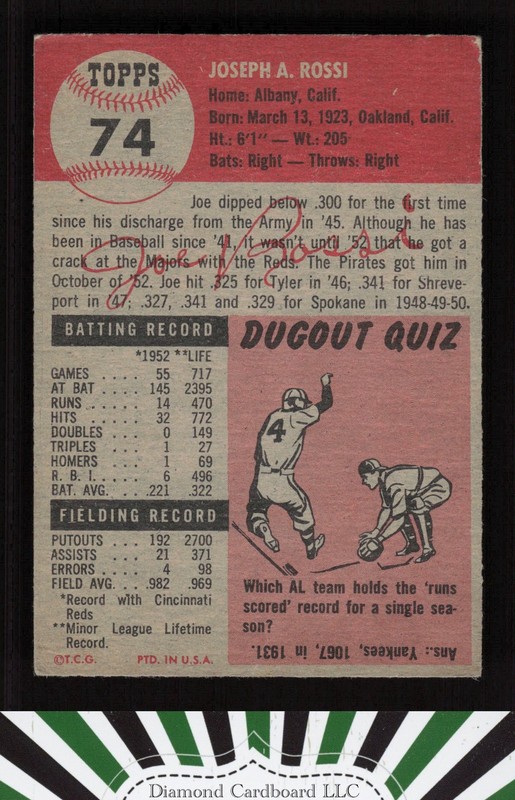 1953 Topps #74 Joe Rossi GD a, back