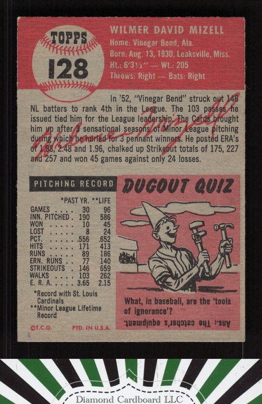 1953 Topps #128 Wilmer Mizell : Bio uses white text VGEX f, back
