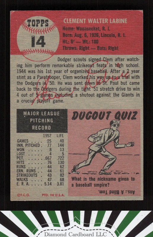 1953 Topps #14 Clem Labine GD a, back