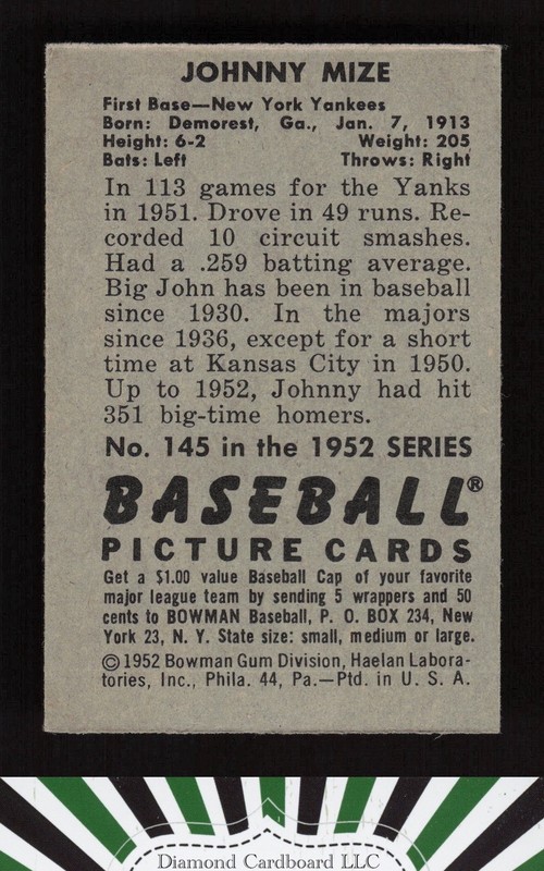 1952 Bowman #145 Johnny Mize EX b, back