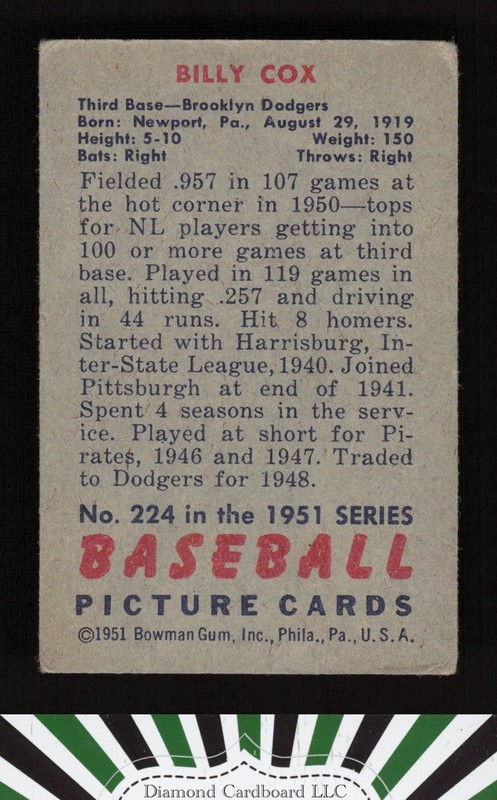 1951 Bowman #224 Billy Cox VG [CENTERED], back