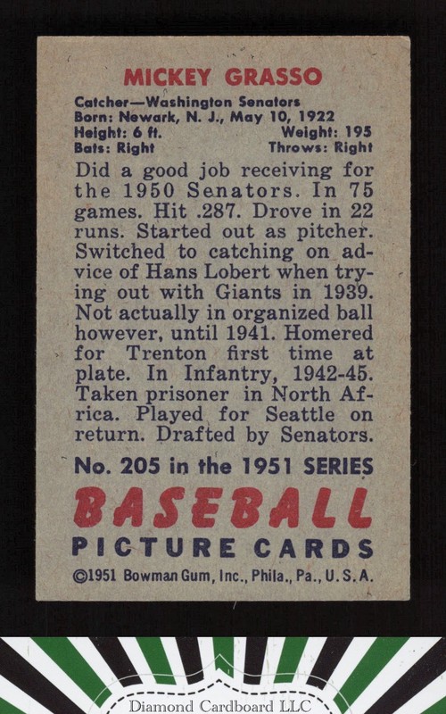 1951 Bowman #205 Mickey Grasso EX, back