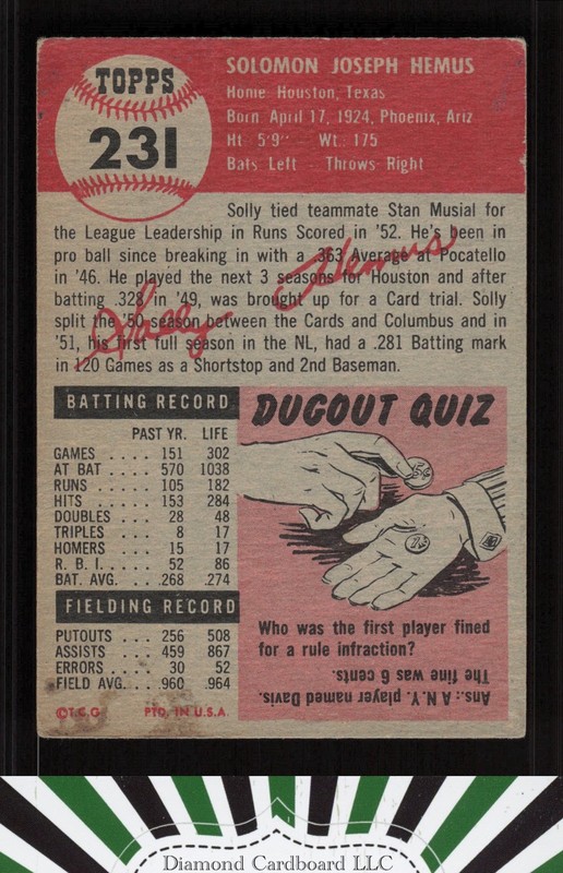 1953 Topps #231 Solly Hemus VG c, back