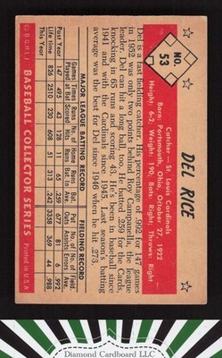 1953 Bowman Color #53 Del Rice GD+ b, back