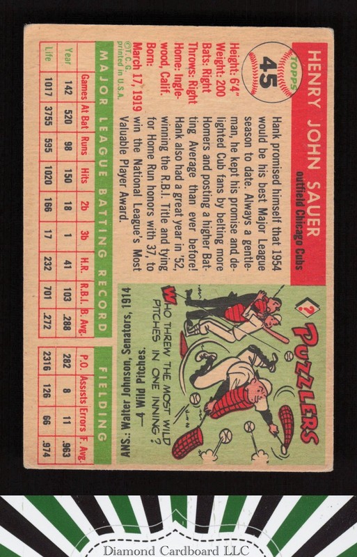 1955 Topps #45 Hank Sauer VG+ d, back