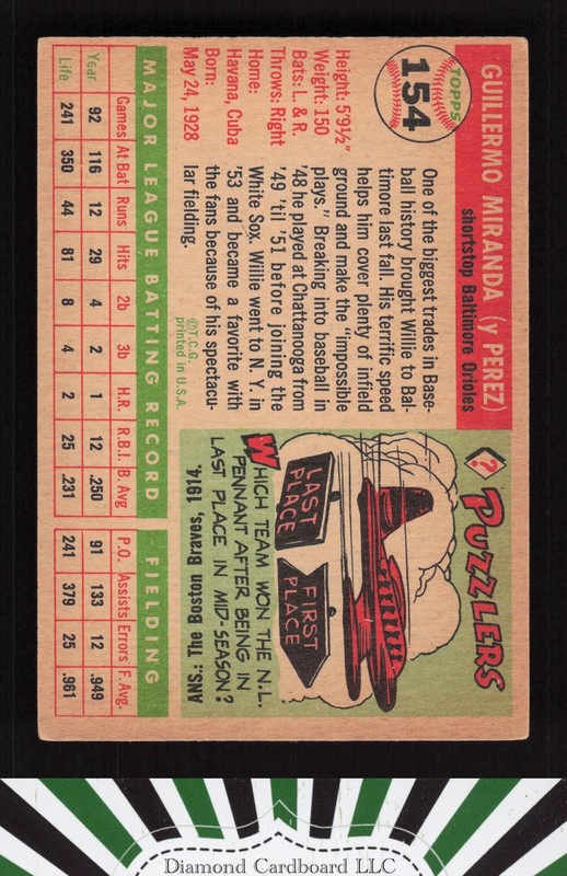 1955 Topps #154 Willie Miranda VGEX d, back
