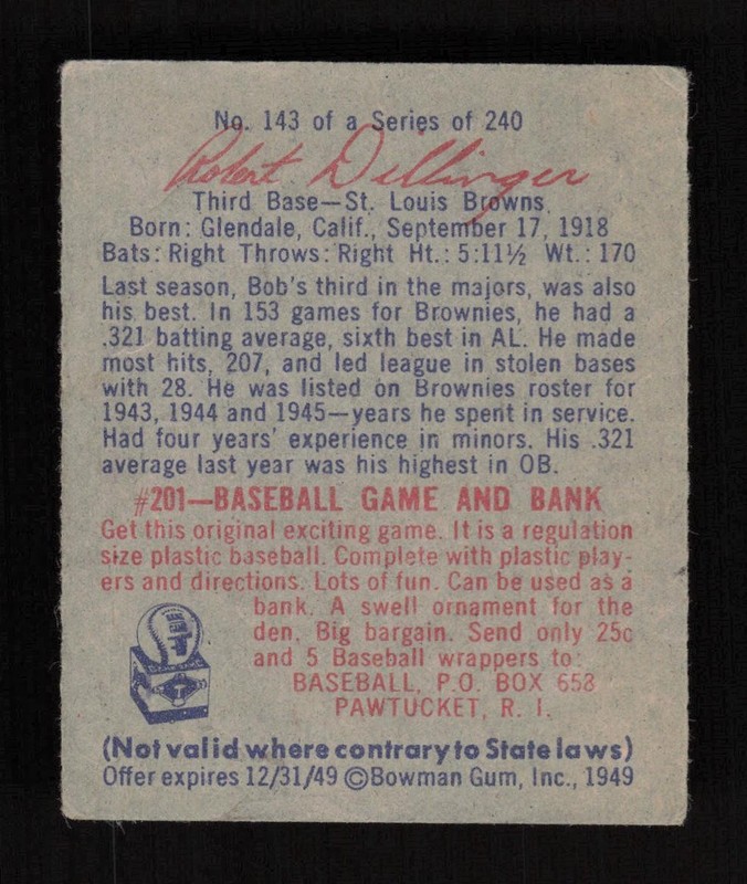 1949 Bowman #143 Bob Dillinger Script Name VG, back