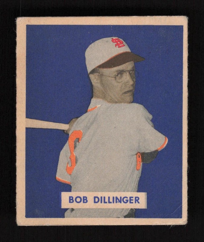 1949 Bowman #143 Bob Dillinger Script Name VG, front