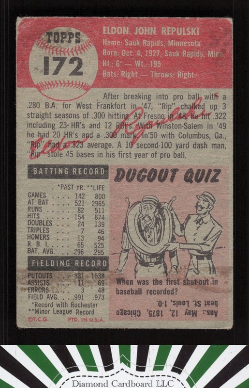 1953 Topps #172 Rip Repulski GD c, back