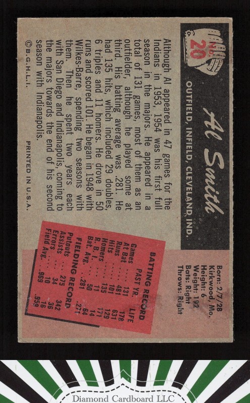 1955 Bowman #20 Al Smith EX, back