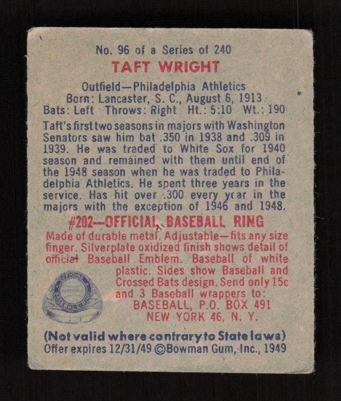 1949 Bowman #96 Taft Wright VG, back
