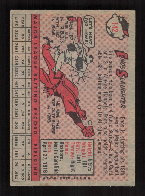 1958 Topps #142 Enos Slaughter VG c, back