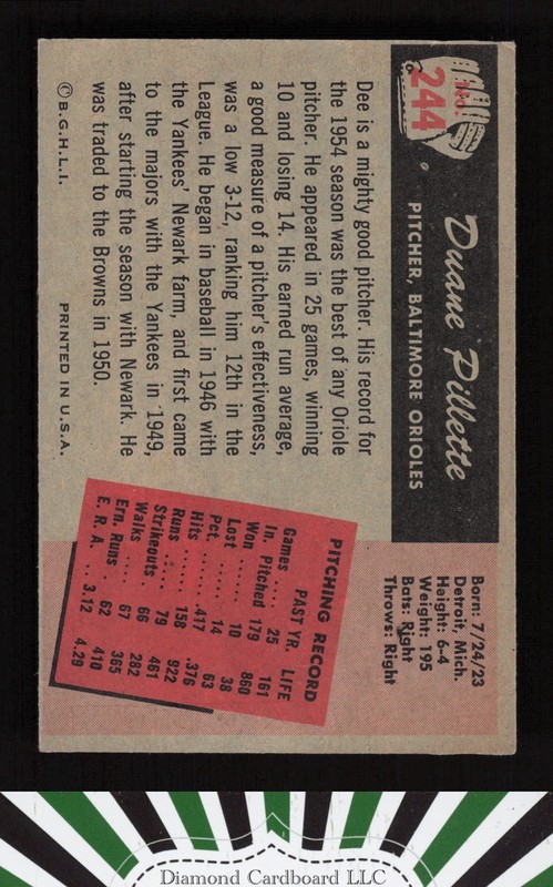 1955 Bowman #244 Duane Pillette VGEX+, back