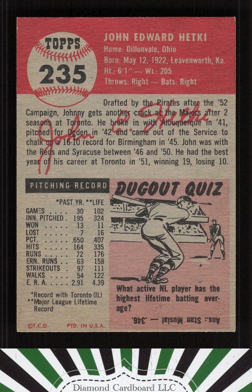1953 Topps #235 John Hetki EX h, back