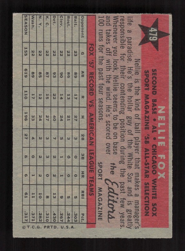 1958 Topps #479 Nellie Fox VG f, back