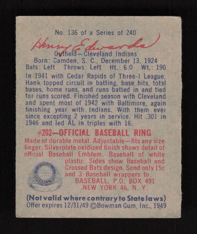 1949 Bowman #136 Henry "Hank" Edwards GD, back