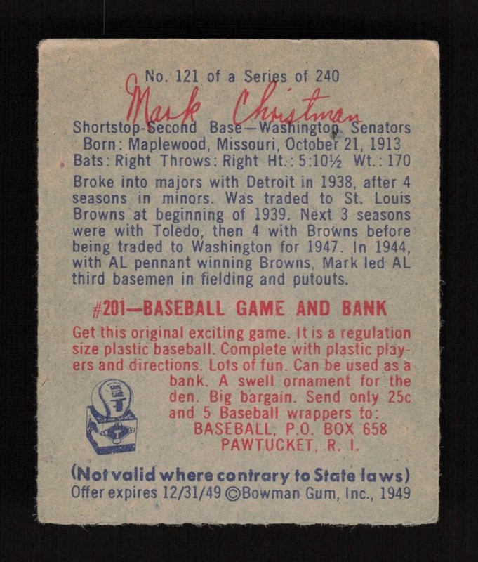 1949 Bowman #121 Mark Christman VGEX, back