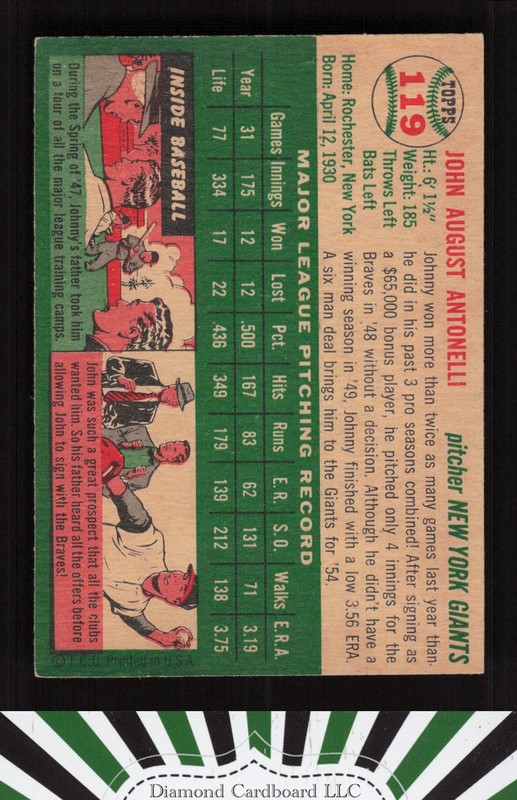 1954 Topps #119 Johnny Antonelli VGEX+ [CENTERED] e, back