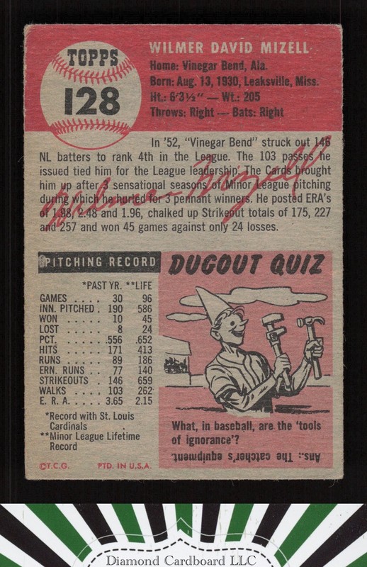 1953 Topps #128 Wilmer Mizell : Bio uses black text GD a, back