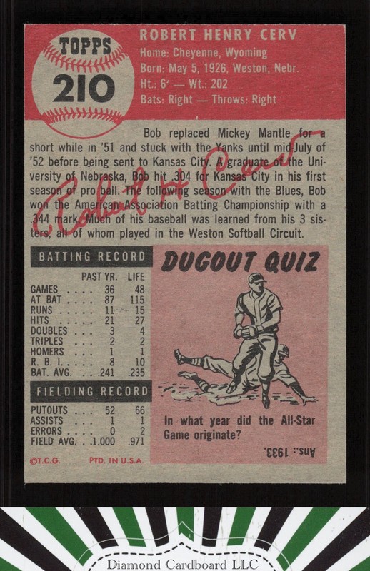 1953 Topps #210 Bob Cerv VGEX+ f, back