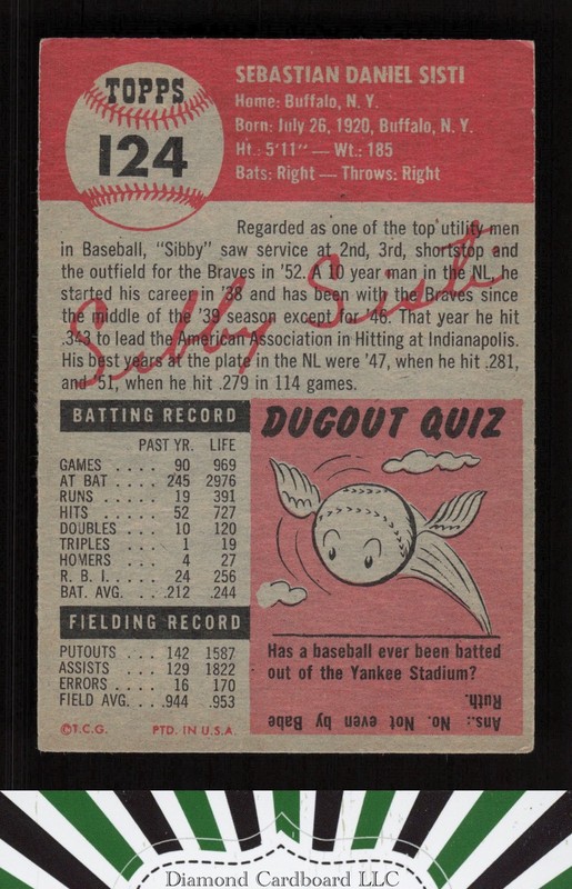 1953 Topps #124 Sibby Sisti : Bio uses white text VGEX+ g, back