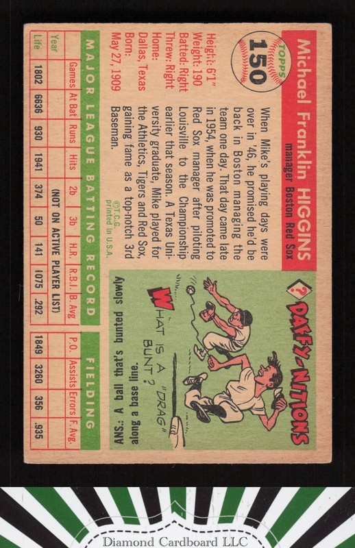 1955 Topps #150 Mike Higgins VG d, back
