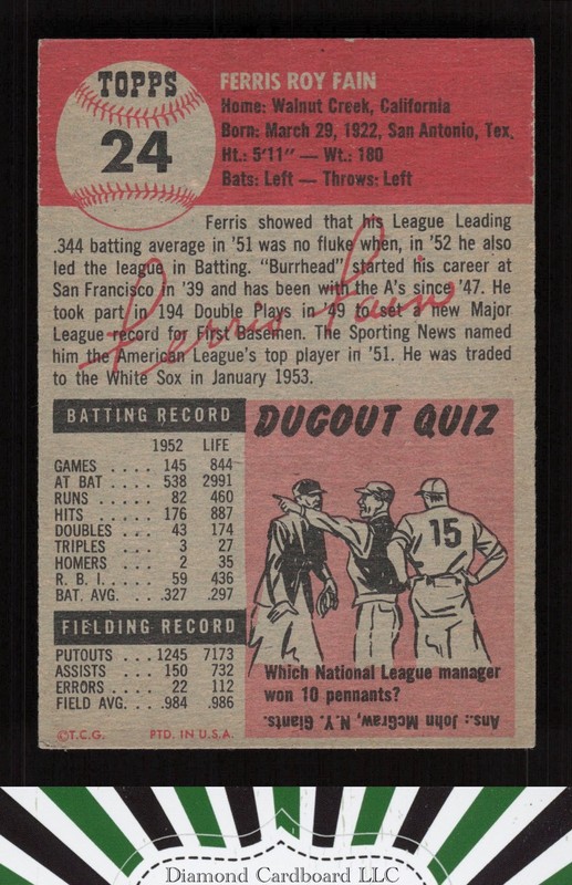 1953 Topps #24 Ferris Fain EXMT [CENTERED] i, back