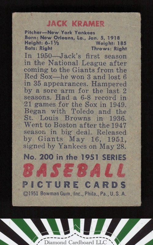 1951 Bowman #200 Jack Kramer VG, back