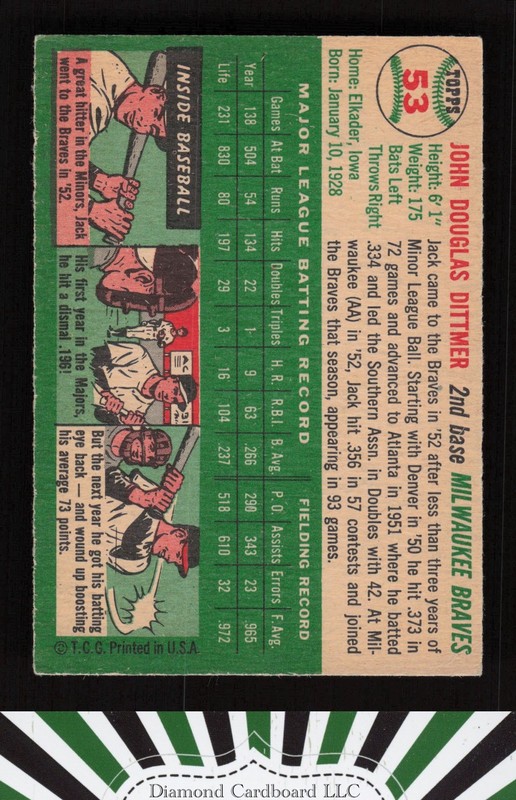 1954 Topps #53 Jack Dittmer VGEX [CENTERED] b, back
