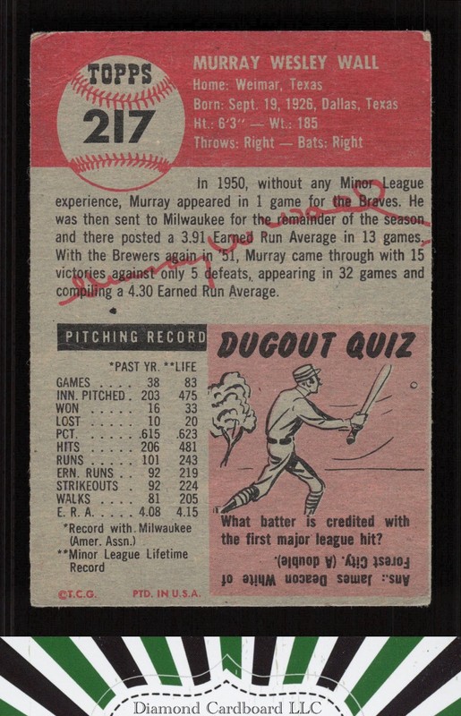 1953 Topps #217 Murray Wall VG c, back