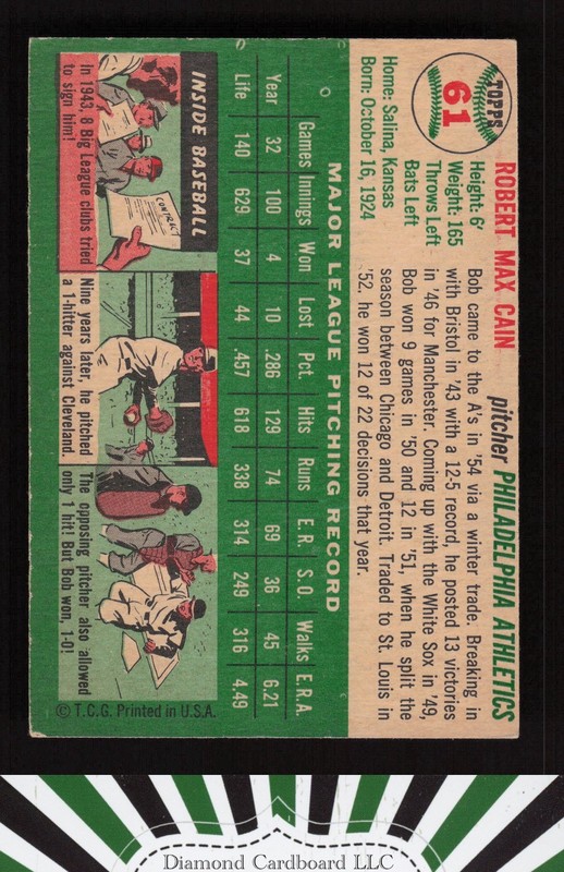 1954 Topps #61 Bob Cain VG e, back