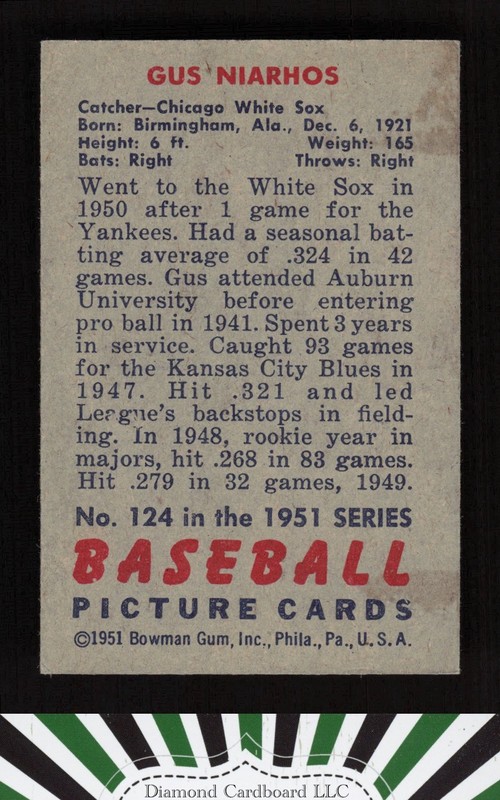 1951 Bowman #124 Gus Niarhos EX, back