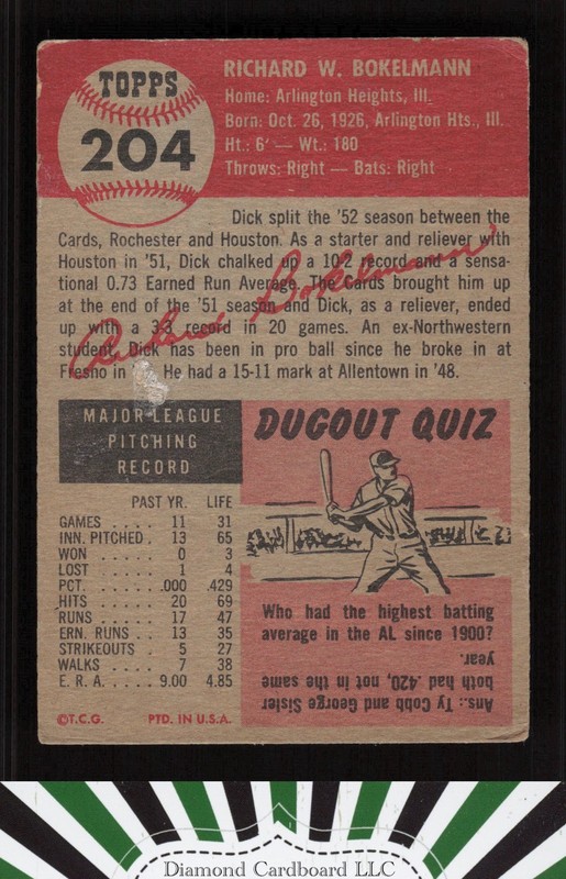 1953 Topps #204 Dick Bokelmann FR a, back