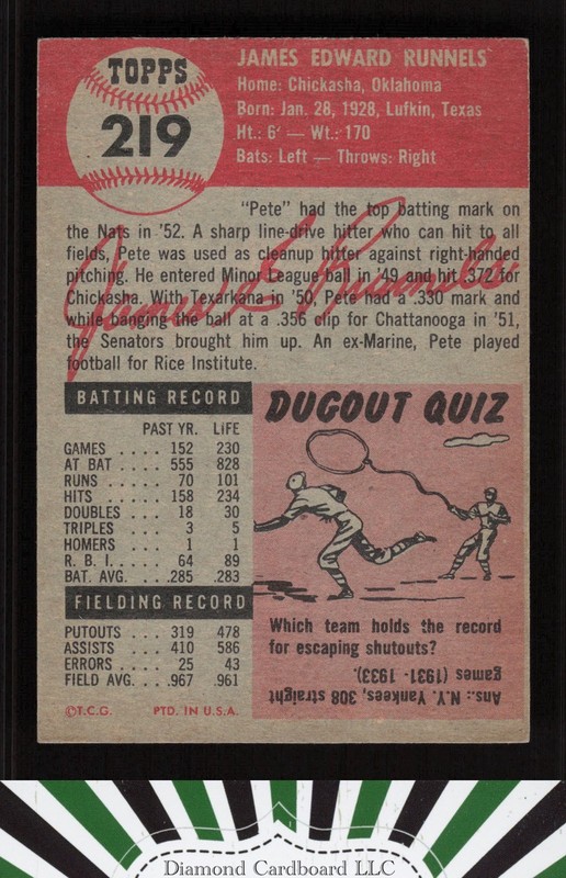 1953 Topps #219 Pete Runnels VGEX d, back