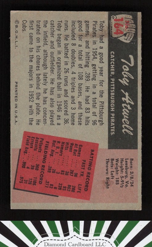 1955 Bowman #164 Toby Atwell EX, back