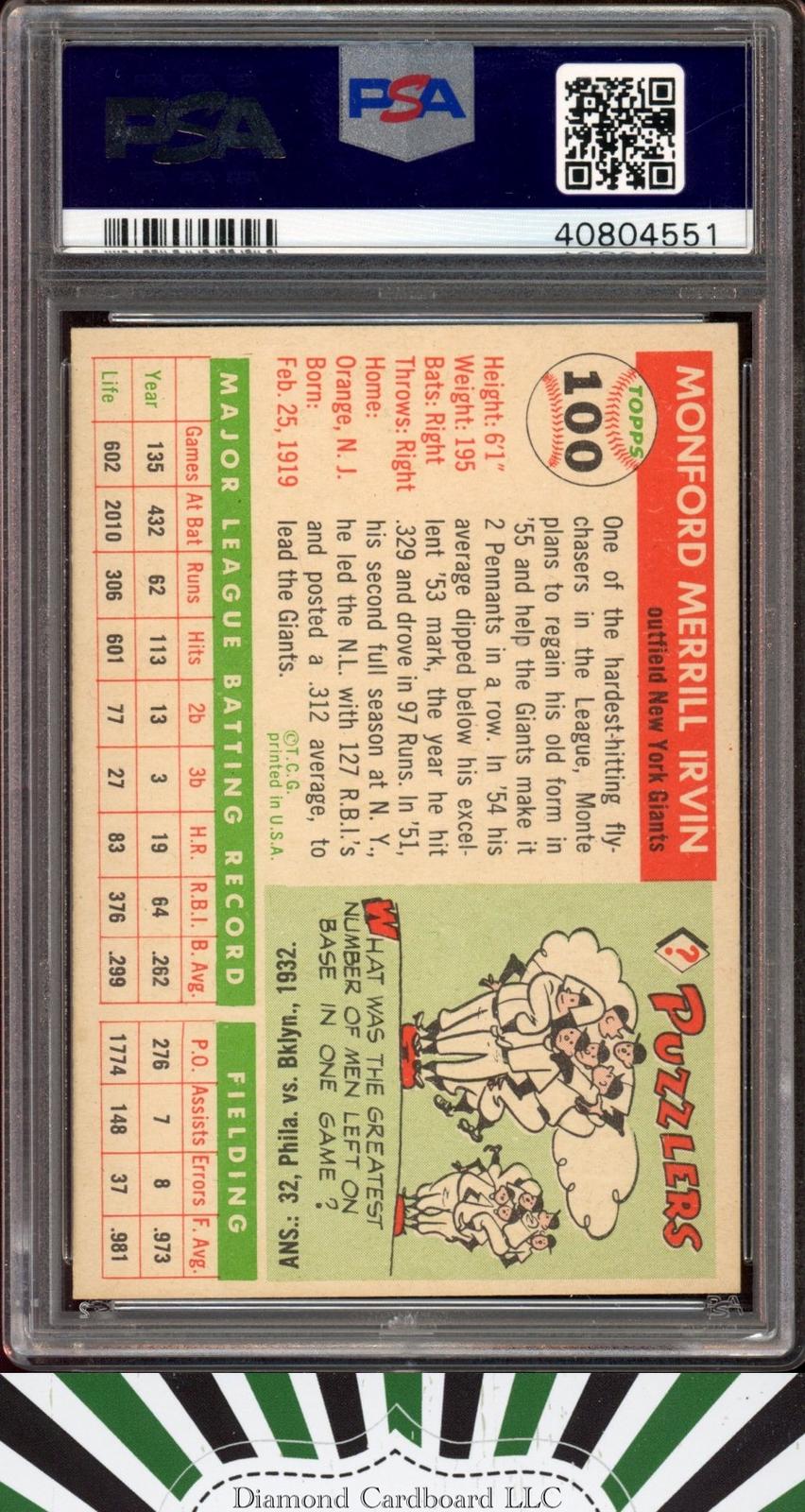 1955 Topps #100 Monte Irvin PSA 7, back