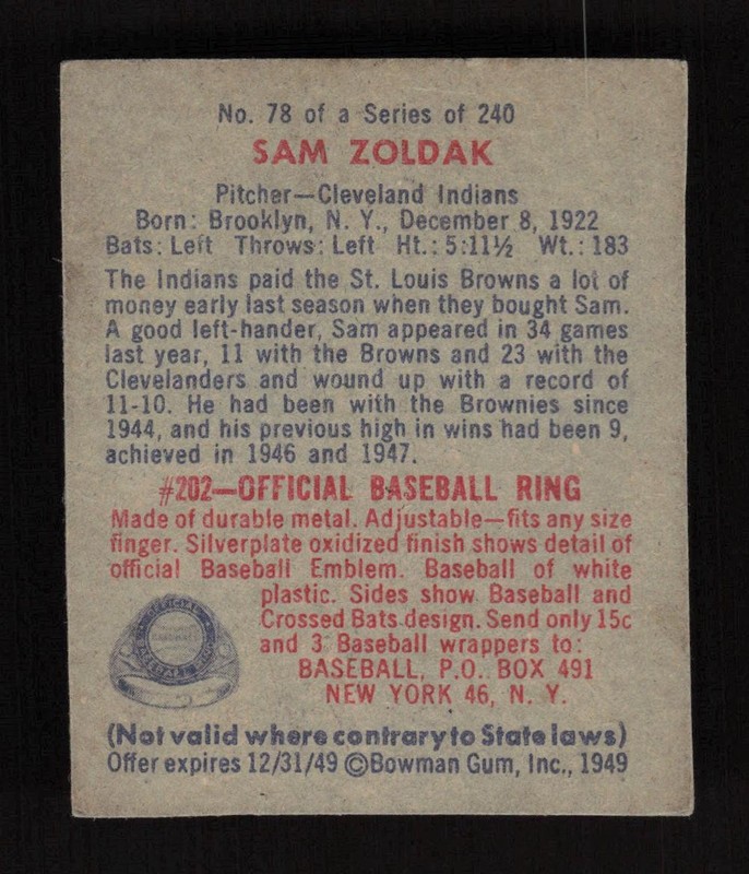 1949 Bowman #78 Sam Zoldak No Name VGEX+, back