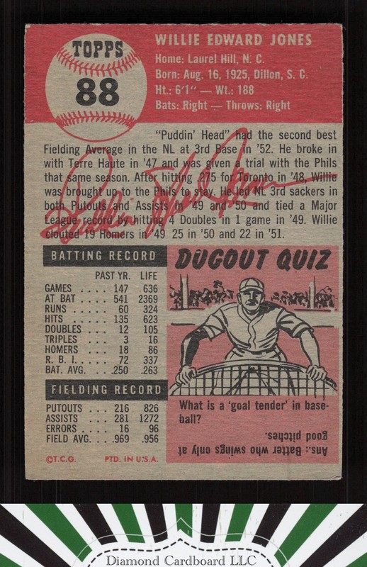 1953 Topps #88 Willie Jones : Bio uses white text VGEX e, back