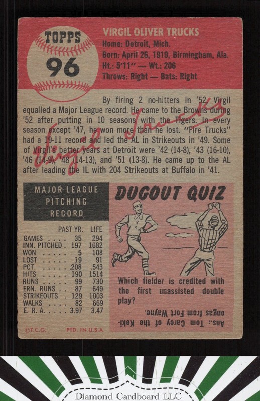 1953 Topps #96 Virgil Trucks : Bio uses black text VG [CENTERED] d, back
