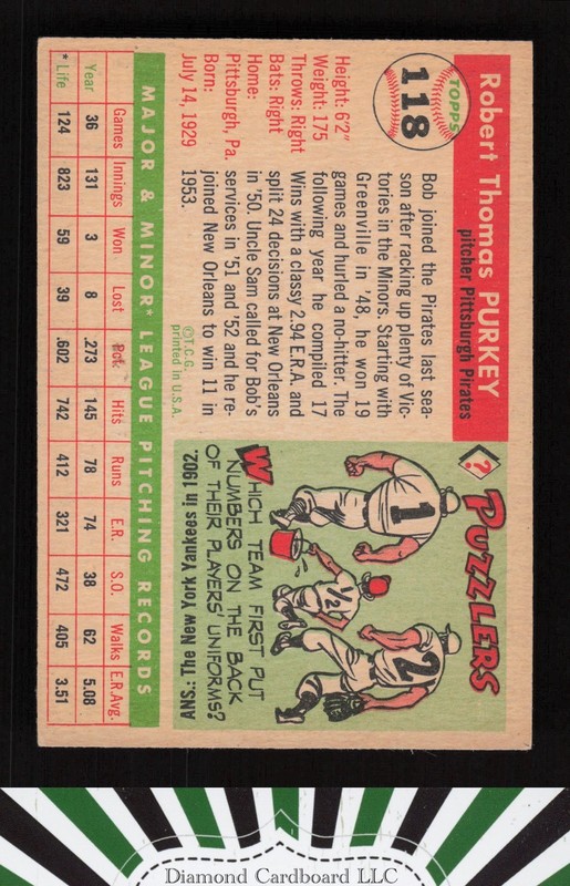 1955 Topps #118 Bob Purkey VG+ l, back