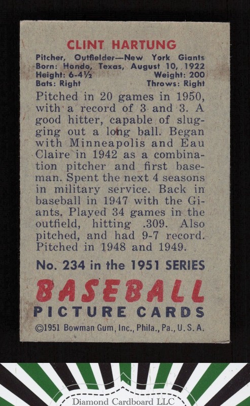1951 Bowman #234 Clint Hartung VGEX, back