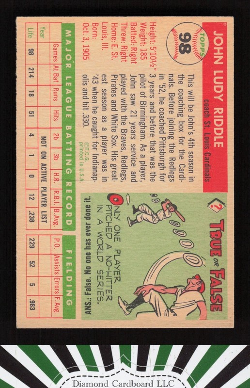 1955 Topps #98 Johnny Riddle VGEX+ c, back