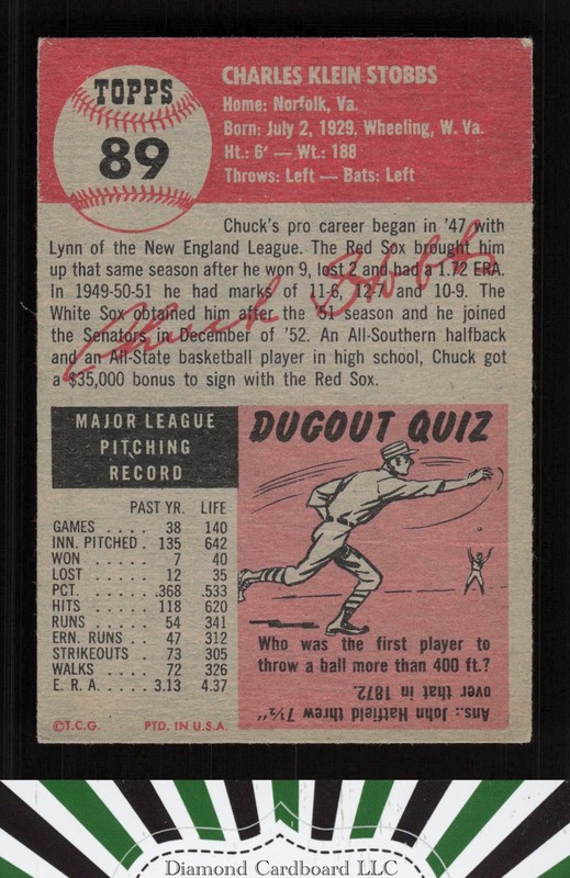 1953 Topps #89 Chuck Stobbs : Bio uses white text VG g, back