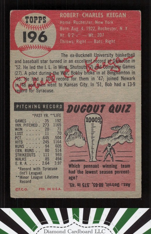 1953 Topps #196 Bob Keegan VG c, back