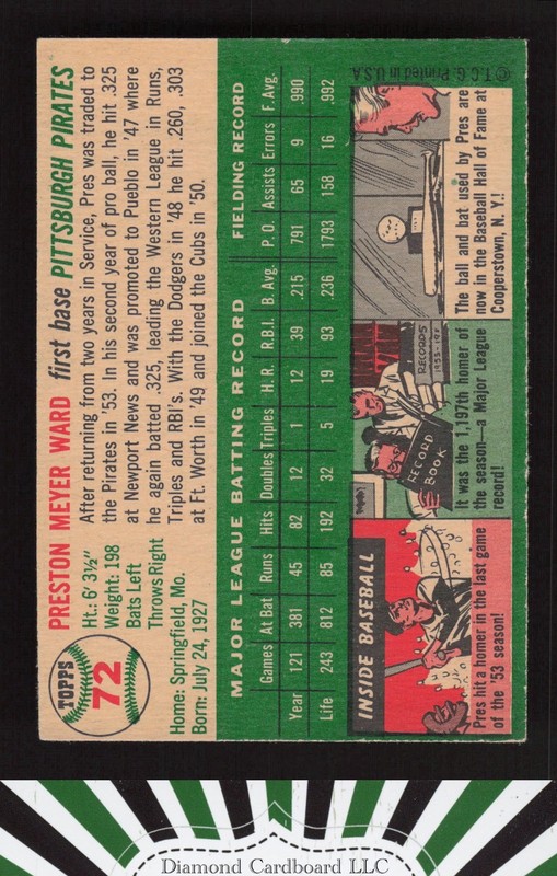 1954 Topps #72 Preston Ward EX f, back