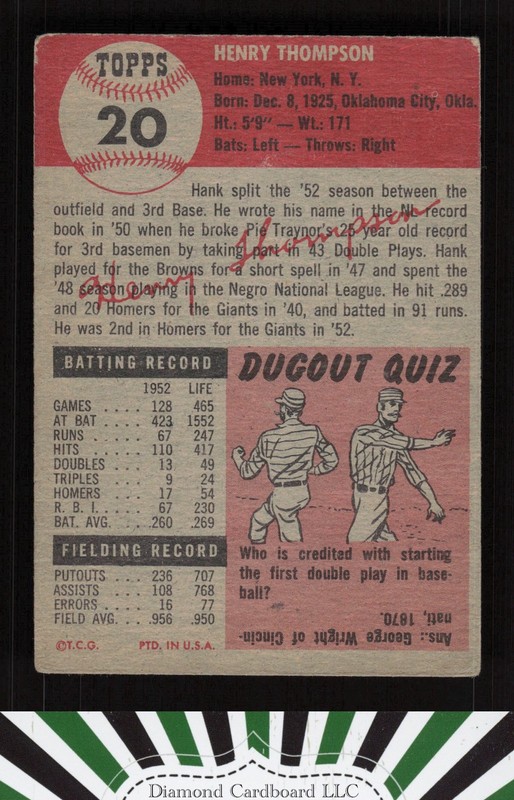 1953 Topps #20 Hank Thompson VG+ b, back