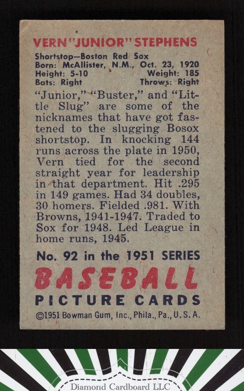 1951 Bowman #92 Vern Stephens VGEX, back
