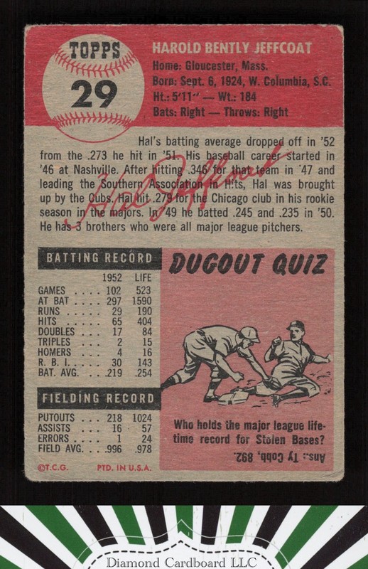 1953 Topps #29 Hal Jeffcoat GD b, back