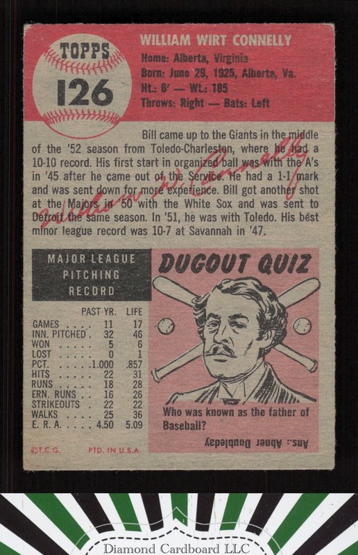 1953 Topps #126 Bill Connelly : Bio uses black text VG+ [CENTERED] g, back